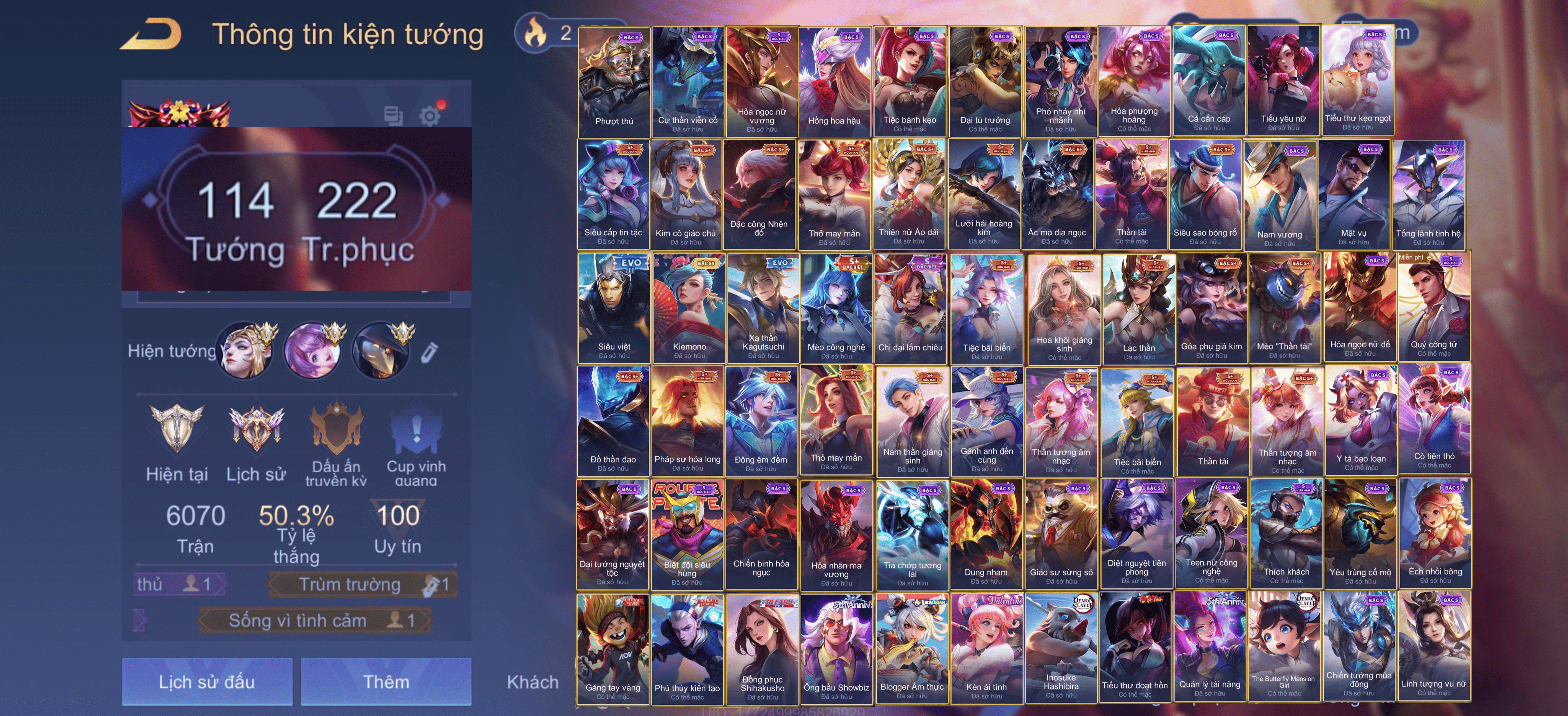 114 Tướng -  222 Skin - Mã #50555098