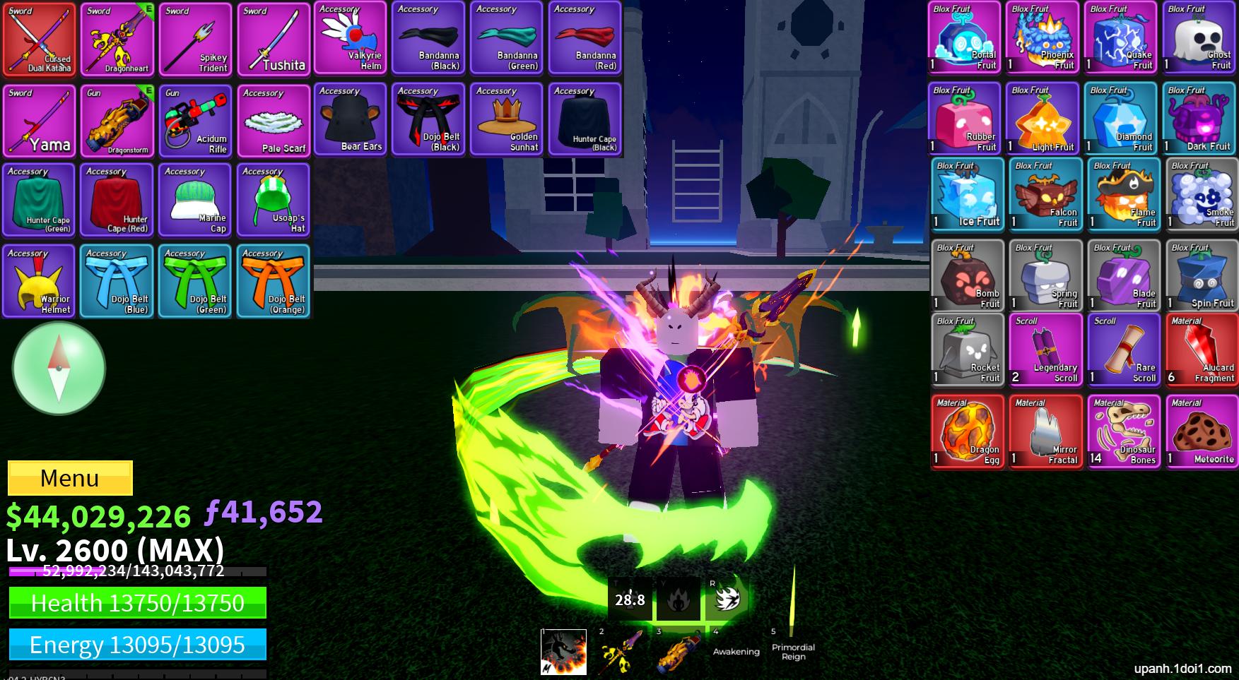 ACC max level god human, Tộc :DRACO V4 FULL GEAR, Song kiếm + combo vũ khí mới ,Item & Fruit - Mã #84451252