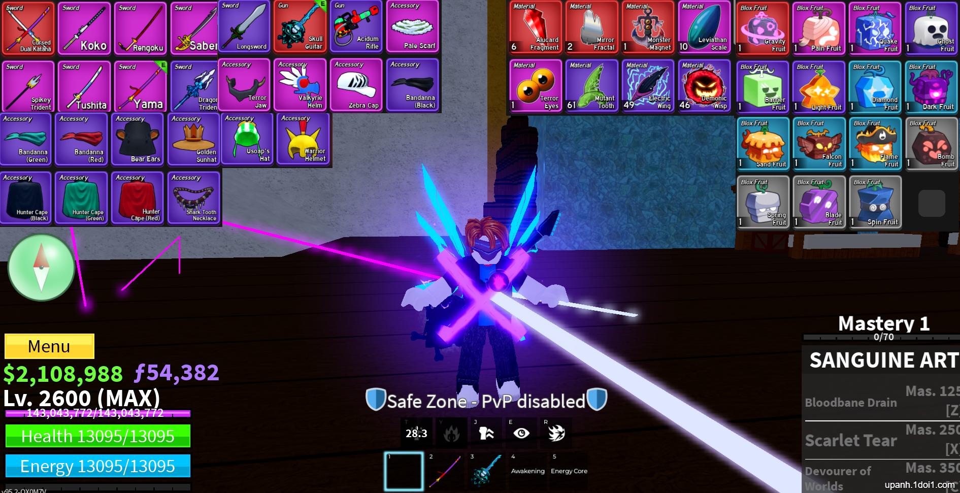 ACC VNG, max level full melee,Võ quỷ :SANGUINE ART,Tộc :CYBORG V4 FULL GEAR,Song kiếm + Skull guitar,Item & Fruit xịn như hình - Mã #18199682